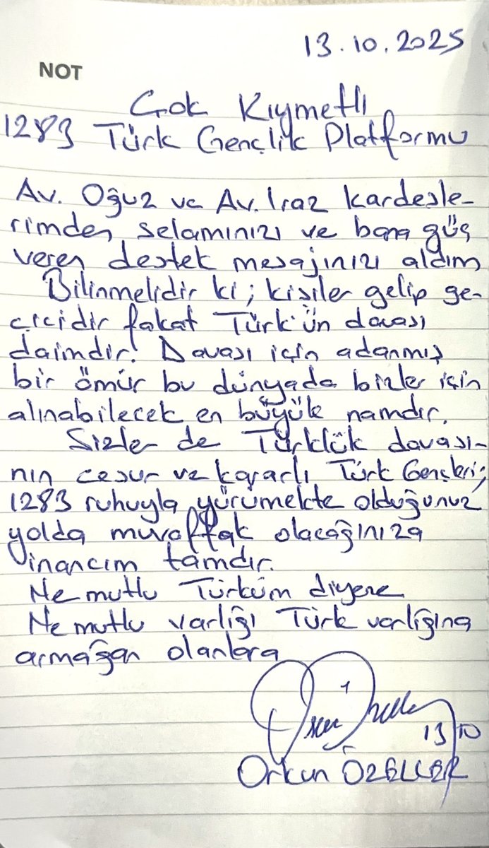 1283 hukuk komisyonumuz geçtiğimiz günlerde Devlet Bahçeli’yi eleştirdiği için tutuklanan emekli Albay Orkun Özeller’i ziyaret ederek;

 “Türk gençliğinin teröristlere özgürlük isteyenlerin değil kahraman askerlerinin yanında olduğu” mesajımızı ilettiler.

Kendisinden de Türk