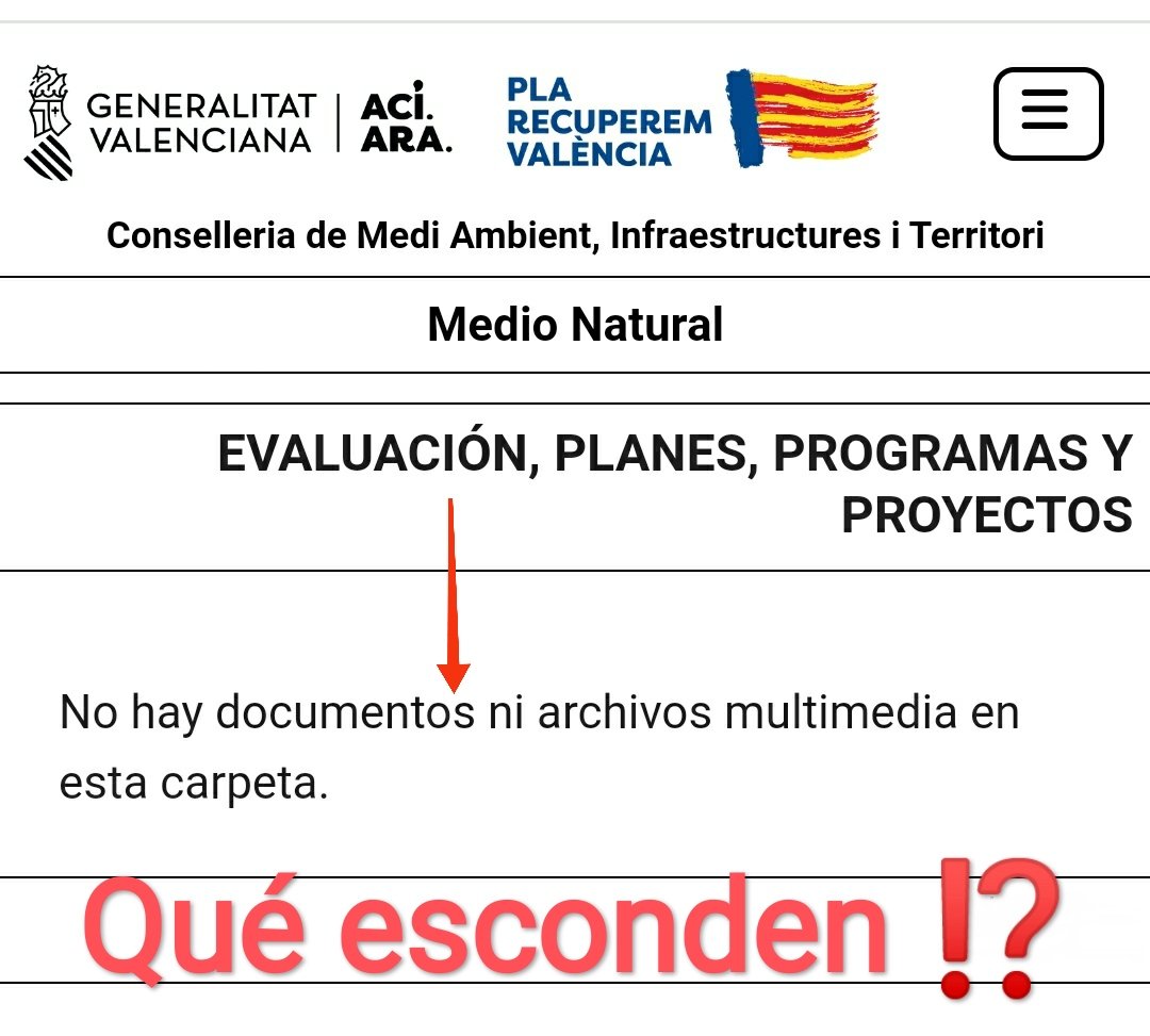 #Denuncia
La Conselleria de Medio Ambiente <a href="/GVAMediAmbient/">Recuperació M. Ambient Infraestructures Territori</a> <a href="/vmartinezmus/">Vicente Martínez Mus</a> no hace públicos en su web los informes de repercusiones Red Natura 2000 de planes, proyectos y programas. Qué esconden⁉️

<a href="/GVAGovernObert/">GVA Gobierno Abierto</a> <a href="/cortsval/">Corts Valencianes</a> <a href="/carlos_mazon_/">Carlos Mazón</a> <a href="/JoseSTarrega/">José Tarrega</a> <a href="/Paula_Espinosa_/">Paula Espinosa 🌻🇵🇸</a>  <a href="/elSindic/">Síndic de Greuges CV</a>