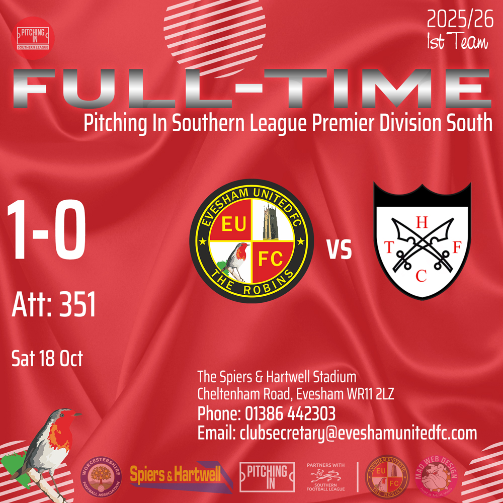 🗣️ ⏱️90’+6 FT: Scrappy first half, better 2nd, tough old match but 3 points and a clean sheet, job well done

⚽️ <a href="/EveshamUnitedFC/">Evesham United FC</a> 1-0 <a href="/hanwelltownfc/">Hanwell Town (Toon) FC</a>
(Dunbar 64')
Att: 351

📆 Sat 18 Oct 🏆 <a href="/SouthernLeague1/">The Pitching In Southern Football League</a> 

🔴⚪️#TheRobins