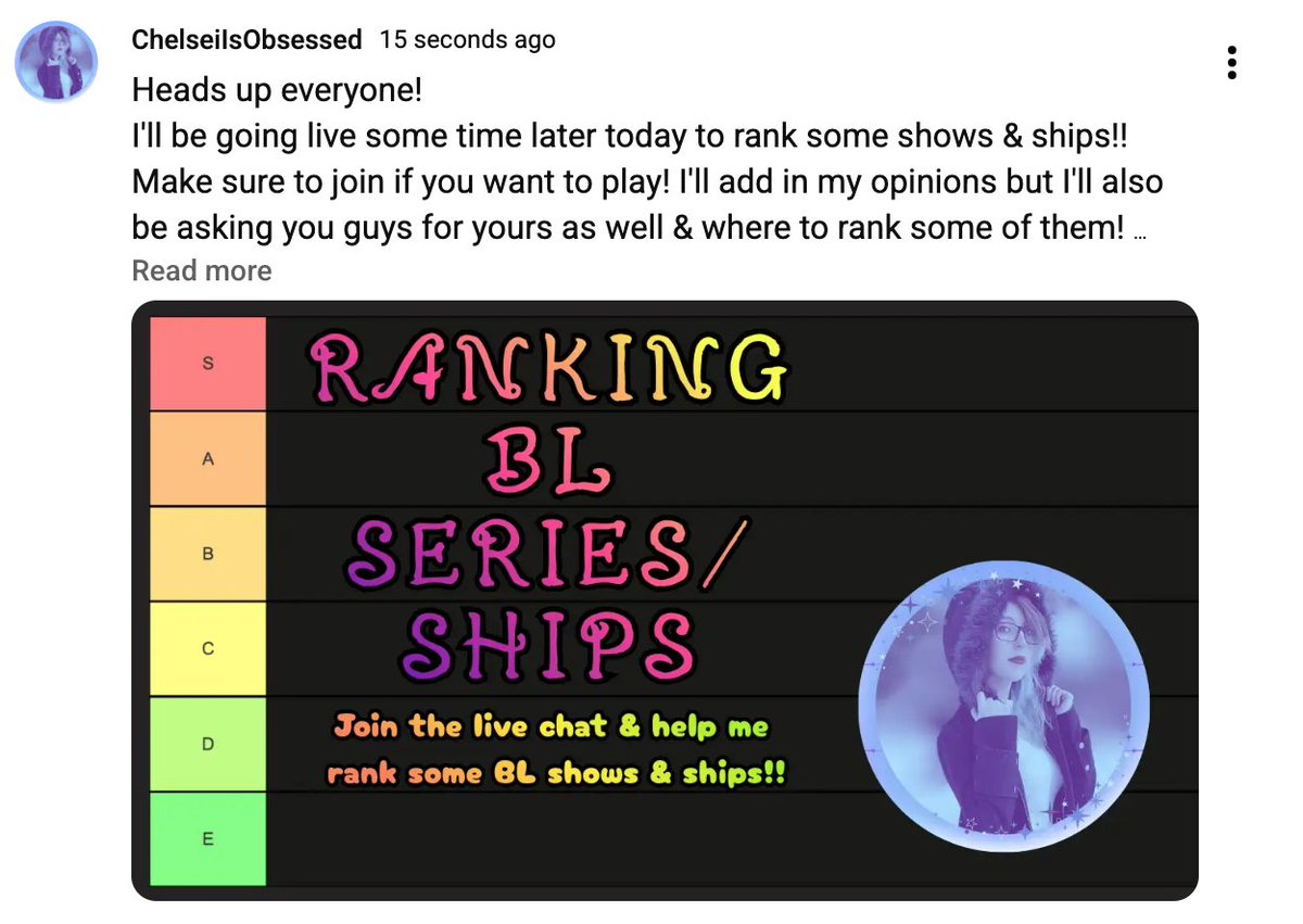 ChelseiObsessed's tweet photo. I'll be live streaming on Youtube today! (Still not sure exactly when but most likely before 6pm central time) 
Please join the live chat to help me rank some shows &amp; ships!!!! 
https://t.co/rb3agqIrfL 

#BL #BLSeries #BLShips #BLReactor #BoysLove https://t.co/VdsgIjMbyS