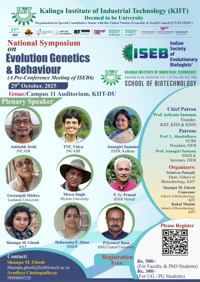 shampaevolution's tweet photo. School of Biotechnology, #KIIT (#KSBT) #Bhubaneswar and Indian Society of Evolutionary Biologists (#ISEB) are jointly organizing National Symposium on Evolution Genetics &amp; Behaviour, a pre-conference event of #ISEB6. Countdown begins for an eclectic mix of talks and great science https://t.co/3ePvhsetaM