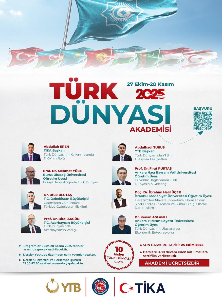 Genç Memur-Sen &amp; ADEM Türk Dünyası Akademisi başlıyor! 🌍
TİKA ve YTB iş birliğiyle 8 haftalık dopdolu bir eğitim serisi seni bekliyor! 🎓

📜 Katılımcılara sertifika
✈️ 10 kişiye Türk Dünyası gezisi!
🇹🇷 Kardeşliğin ve birliğin izinde…

🔗 Başvuru: docs.google.com/forms/d/e/1FAI…