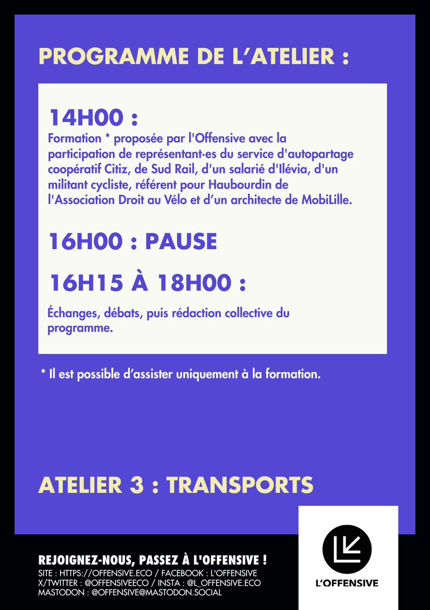 OffensiveEco's tweet photo. ‼️ 3ème atelier de rédaction de notre programme municipaliste libertaire pour Lille : les transports ‼️

🛴 On démarre avec 1 h 30 de formation sur la question des transports par des représentant·es du service d'autopartage coopératif Citiz, du syndicat Sud Rail, de l'Association @DroitAuVelo, d'un architecte de @mobilille_ et d'un salarié d'Ilévia.

🚂 Ensuite on échange, on discute et on rédige collectivement les points du programme jusqu'à 18 h. Il est possible de n'assister qu'à la formation.

📍Bar Les Sarrazins, 52-54 rue des Sarrazins 
Métro ligne 1 : Wazemmes

🗓️ Samedi 25 octobre à 14h