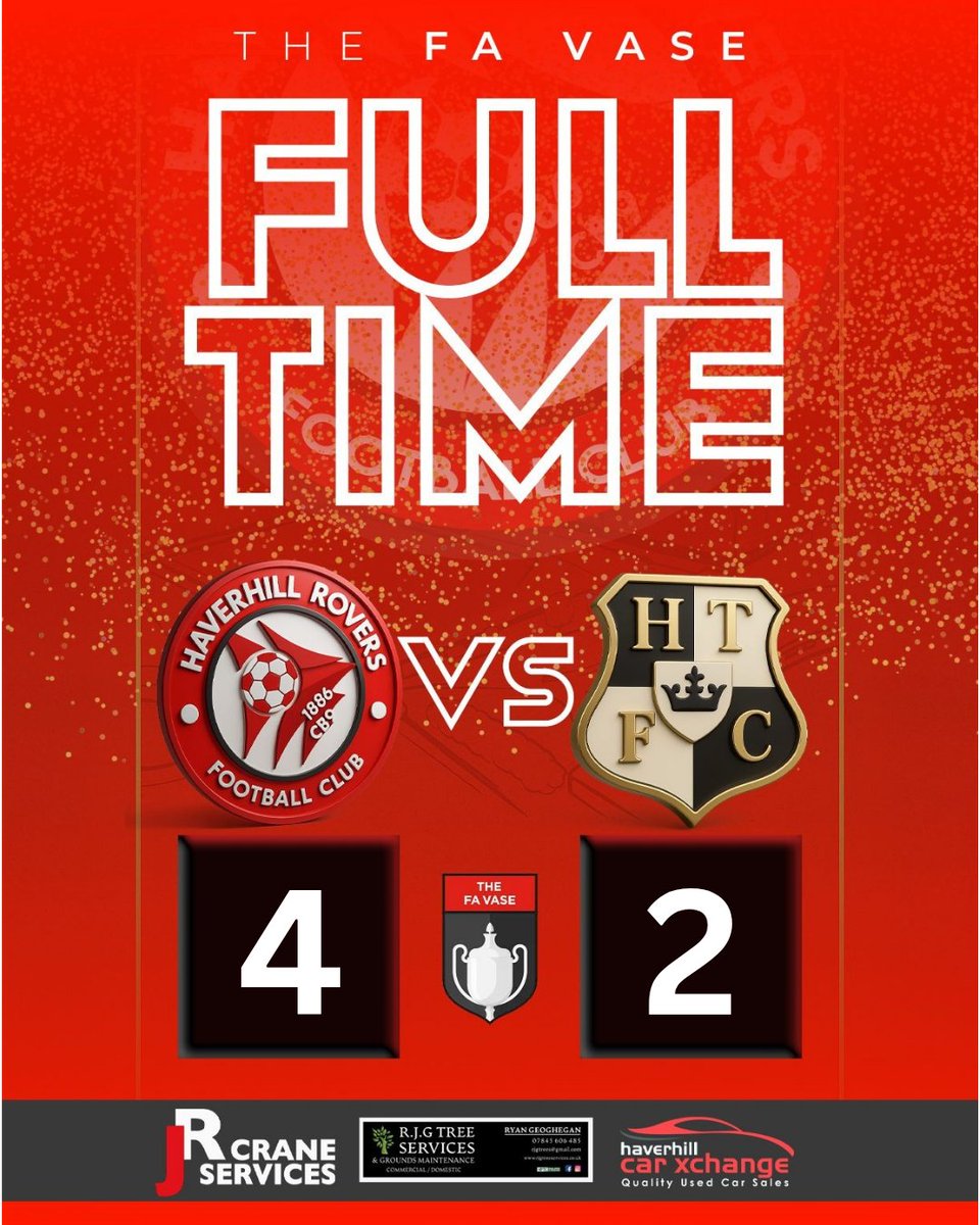 Haverhill Rovers (@haverhillrovers) on Twitter photo Final whistle goes.
4-2 home win in the <a href="/thefavase/">TheFaVase</a> with goals from <a href="/CaseP62/">Casey Phillips</a> and a <a href="/JaridRobson/">J-Rob</a> hat trick.
Next up is Ely away on Tuesday.
See you then!
#WeAreRovers Final whistle goes.
4-2 home win in the <a href="/thefavase/">TheFaVase</a> with goals from <a href="/CaseP62/">Casey Phillips</a> and a <a href="/JaridRobson/">J-Rob</a> hat trick.
Next up is Ely away on Tuesday.
See you then!
#WeAreRovers