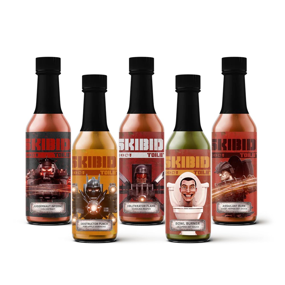 New Official Skibidi Toilet Hot Sauce (yes, really) has just dropped. available on the skibidi merch store.
There are 5 different sauces, named after different toilets/astros