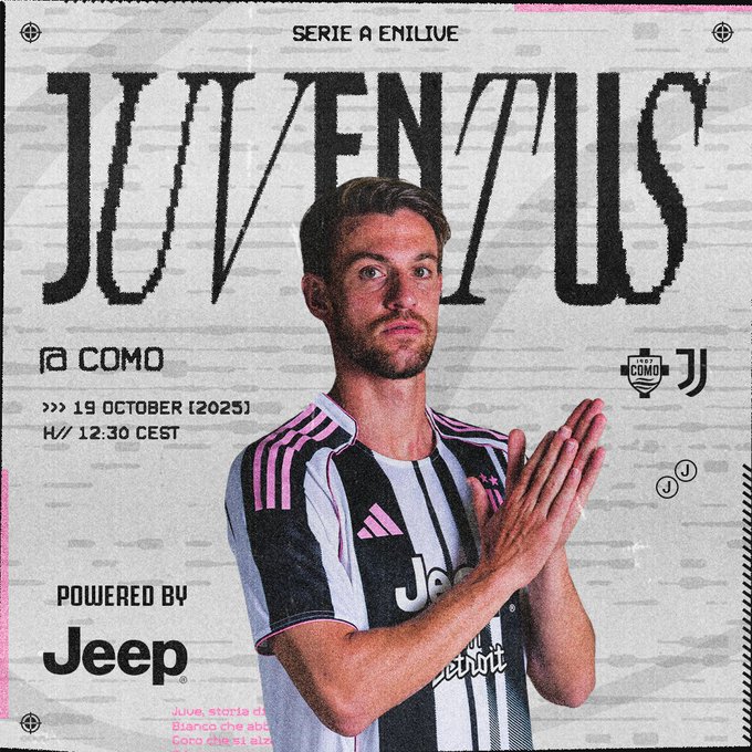 Graphic design with Serie A EmiLive logo at top, large white text JUVENTUS in black outline, portrait of male soccer player with short hair and beard facing forward, text a Como below, date 19 October 2025, time H 12.30 CEST, player wearing black and white striped jersey with pink accents and sponsor patches, hands clasped in front, bottom text Powered by Jeep with Jeep logo.