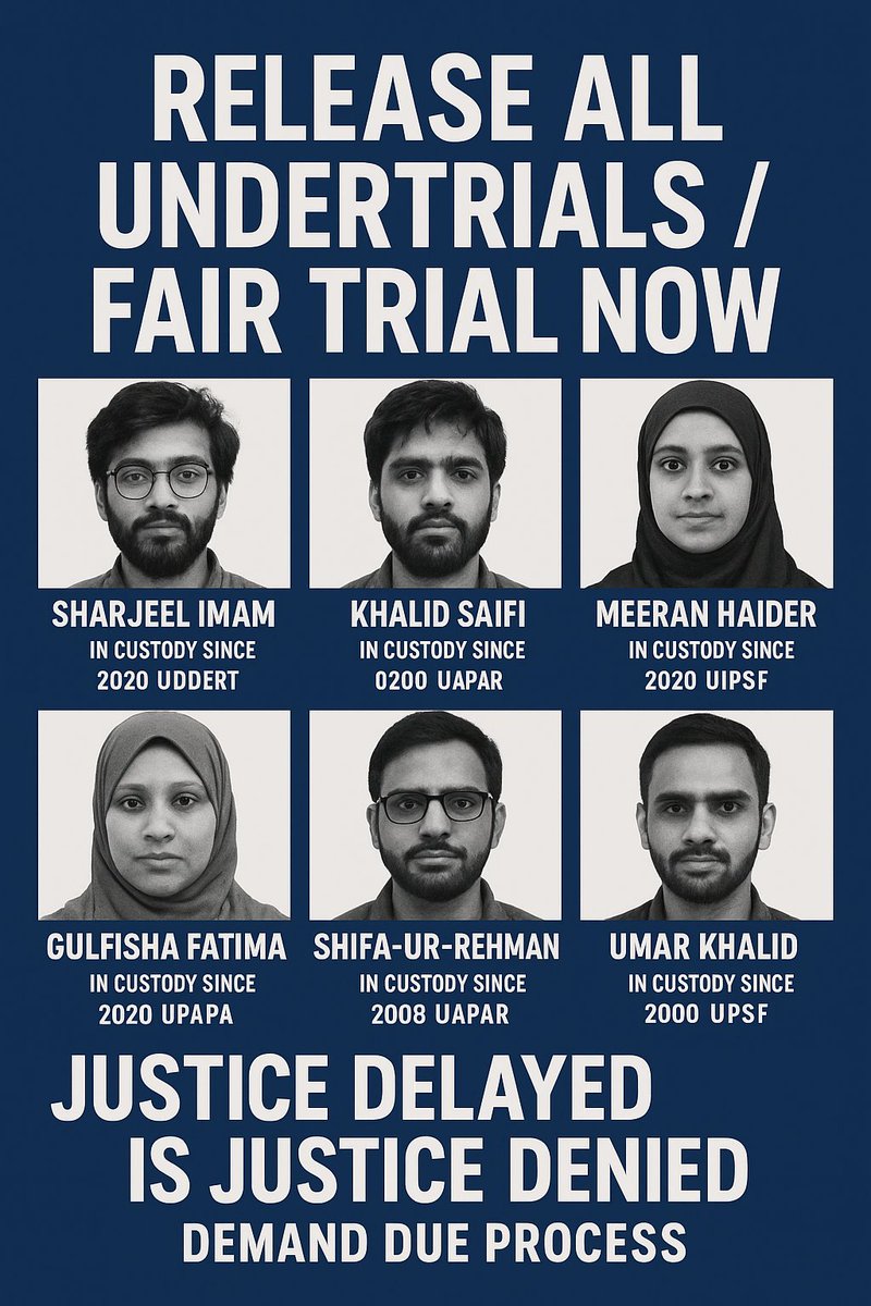 Samir_bhisti's tweet image. This is not about politics - it&apos;s about

justice.

Six citizens remain undertrial for years under UAPA.

Courts must ensure speedy hearings, fair bail, and transparency.

Join the call for due process.

#JusticeDelayedJusticeDenied #RuleOfLaw #FreeToSpeak
