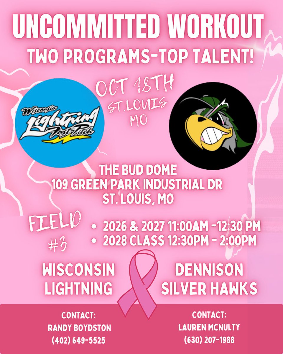 Our 2026-2028s who were playing in O’Fallon will be at the Bud Dom shortly for an indoor workout with the <a href="/WI_LightningSB/">WI Lightning SB</a>. Use the address below! 

9711 Green Park Industrial Drive
St Louis, Mo