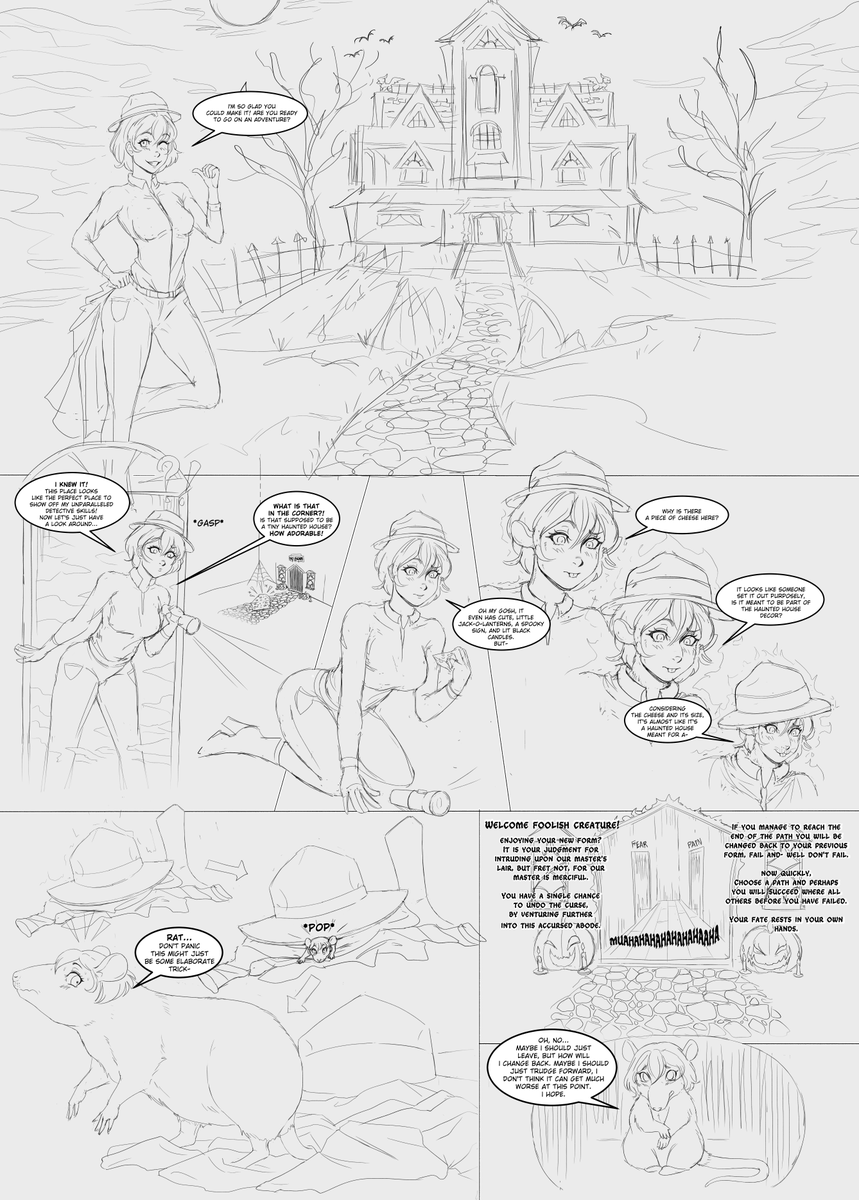 This was originally released in parts last Halloween on Twitter/Bluesky as a sort of "Choose Your Own Adventure" style project. I combined the parts into a little comic page.