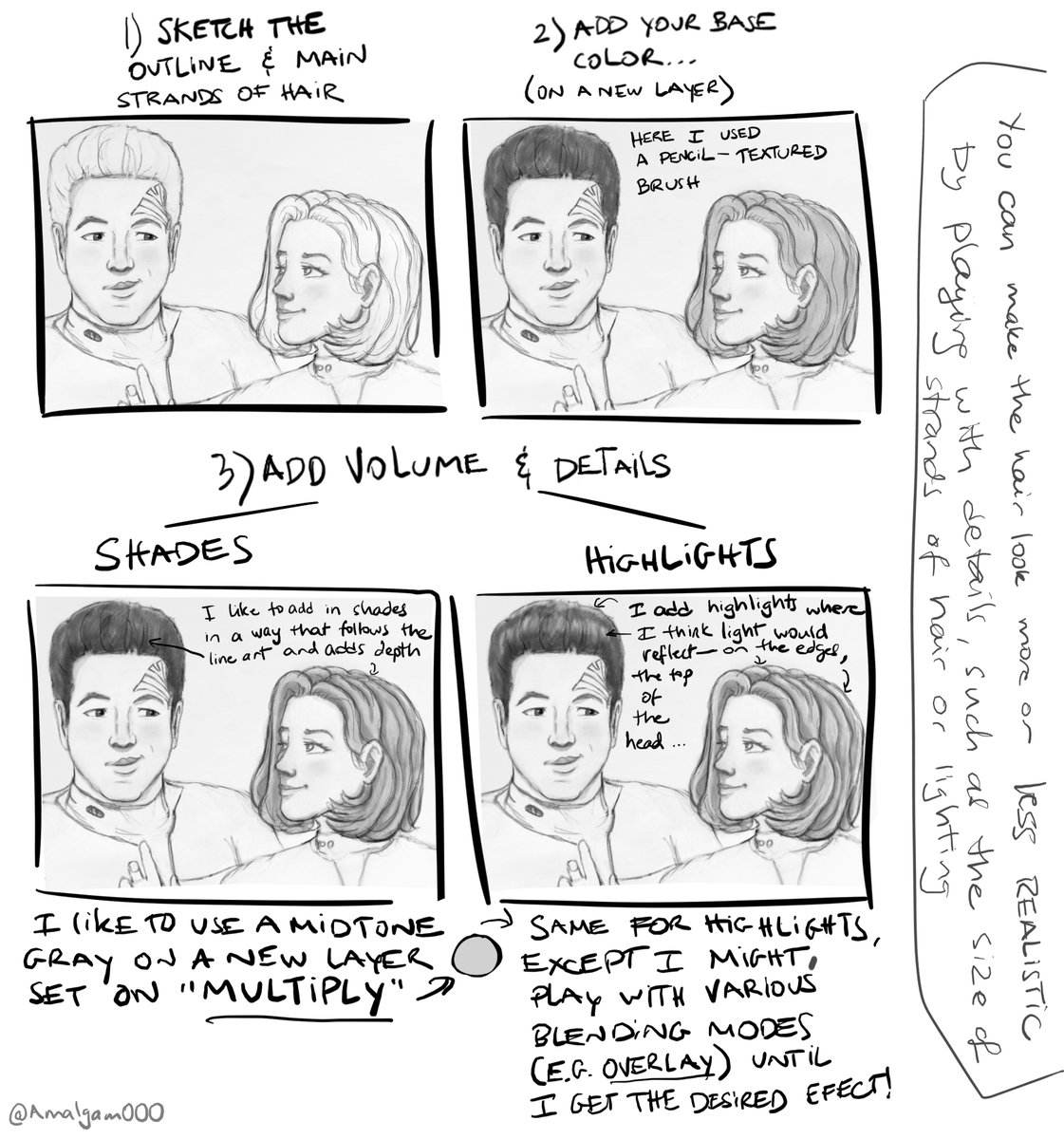 Amalgam000_JC's tweet photo. A while back someone on Tumblr asked me how I draw hair. That's one of my fav things to do, so I made this 👇🏼, of course showcasing my fav subjects 🥰
Some of you might find it useful or just get a kick out of it! 😉
#JanewayxChakotay #digitaldrawing #Drawinghair #JC #fanart https://t.co/lpW6apxHSS