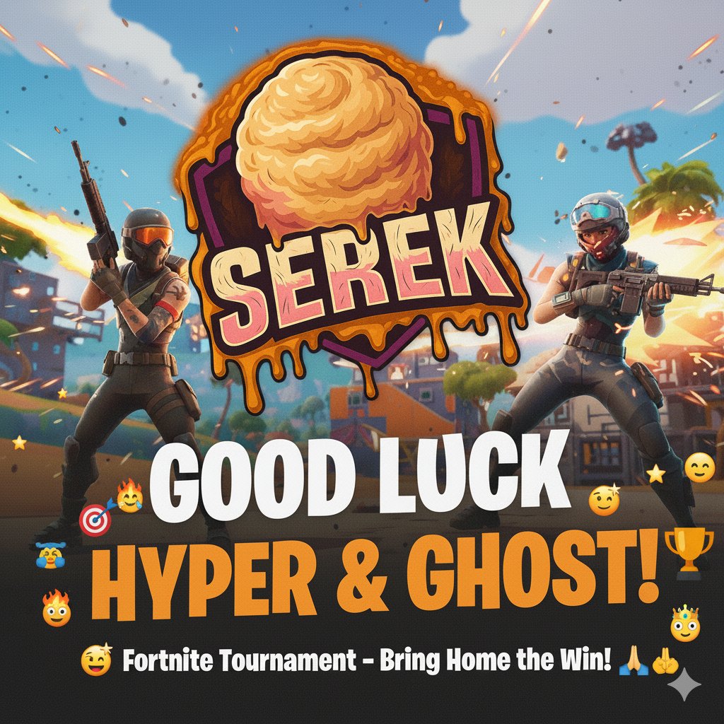 SerekOrg's tweet image. 🎉 Sending mega good vibes to @fnhyperi  &amp;amp; @ghostfnr1  from Serek! 🤩 Go absolutely CRUSH it in the Fortnite Tournament! 🏆 Bring home that sweet Victory Royale! 👑 We're all cheering for you! 📣 #Fortnite #serekszn #winserek #Tournament #GoodLuck