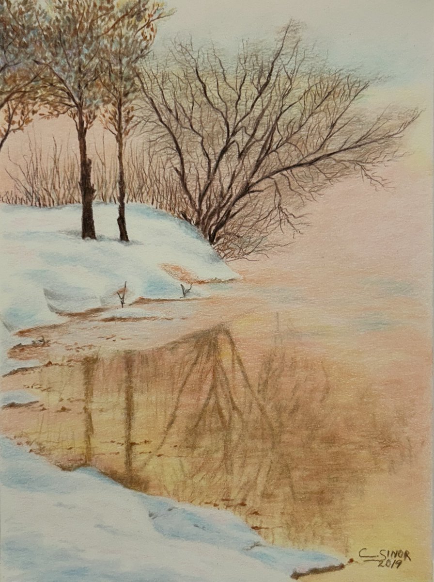 I rarely draw landscapes because colored pencil is such a slow medium. Unlike painting a canvas with large brush strokes, covering even a small piece of paper with the point of a pencil is daunting. Multiply that by 6 or 7 layers of pencil and it takes hours. This landscape