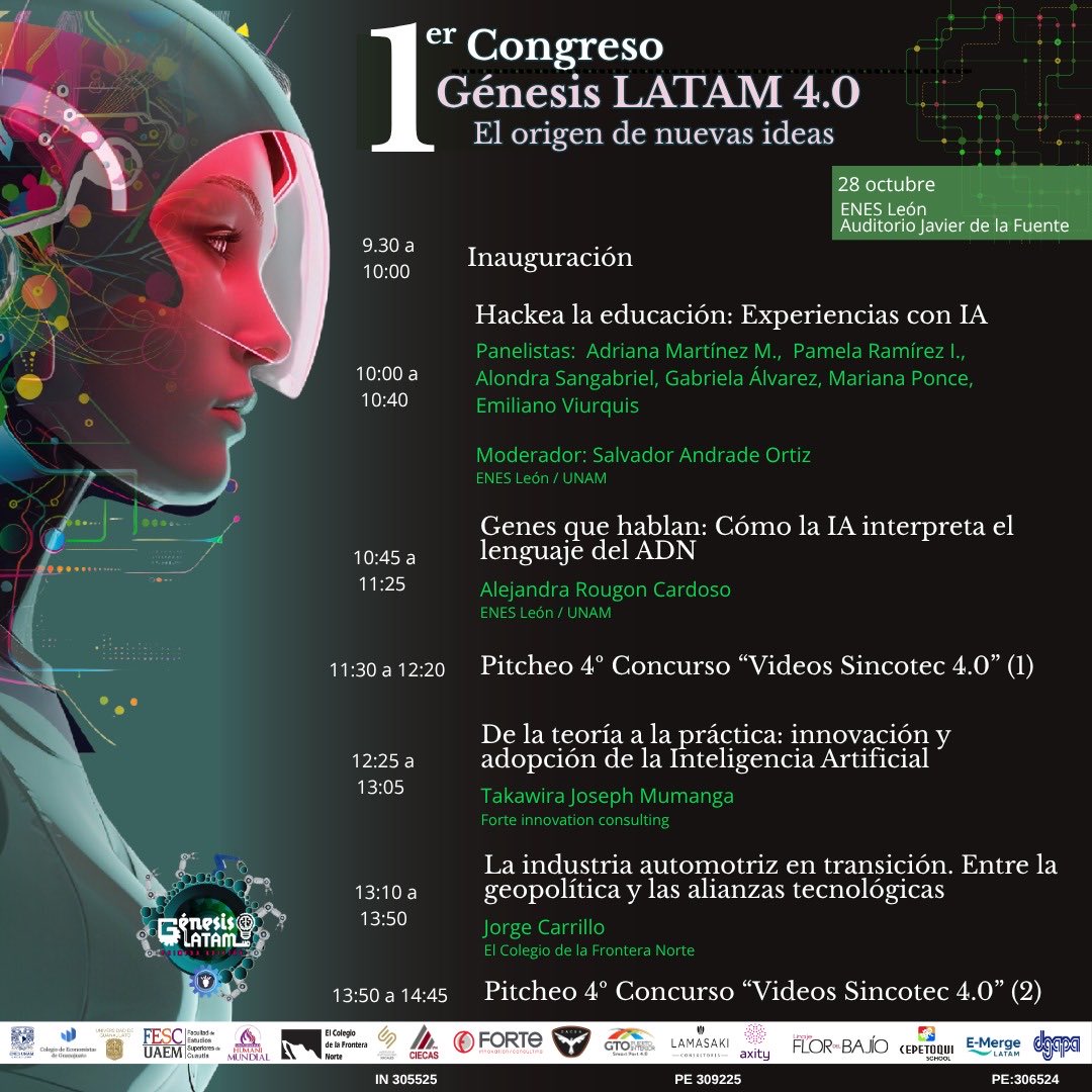 Genesis_Latam40's tweet photo. 🚀 ¡La cuenta regresiva continúa!
Este 28 y 29 de octubre, la innovación, la educación y la industria se unen en el 1er Congreso #GénesisLATAM40 💡

🎙️ Conferencias, conversatorio y el 4° Concurso de Videos #Sincotec40
📍 @ENESUNAMLEON 

🔗 Registro 👉 https://t.co/ddugFMKc7R https://t.co/fejmiySmLm