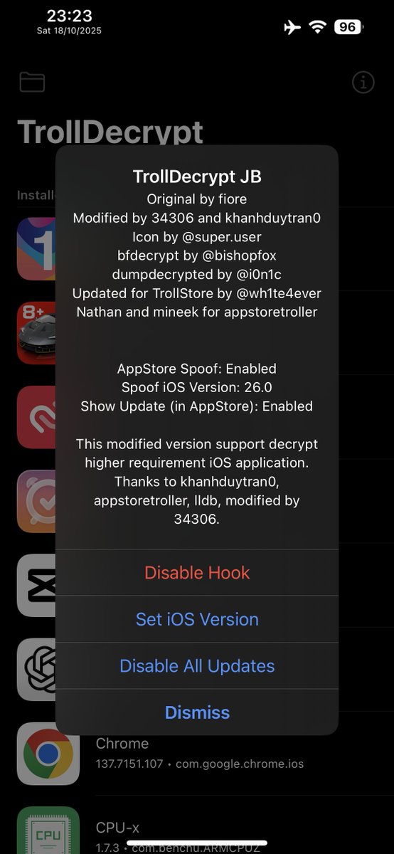 Little_34306's tweet image. I made TrollDecryptJB, it allows install app require higher iOS and then decrypt it.
I had some issue on lldb (the lldb script need to be pause before it crash and fully loaded fairplay)
if anyone interested can fix it with me! Ty
github.com/34306/TrollDec…
Thanks @khanhduytran0