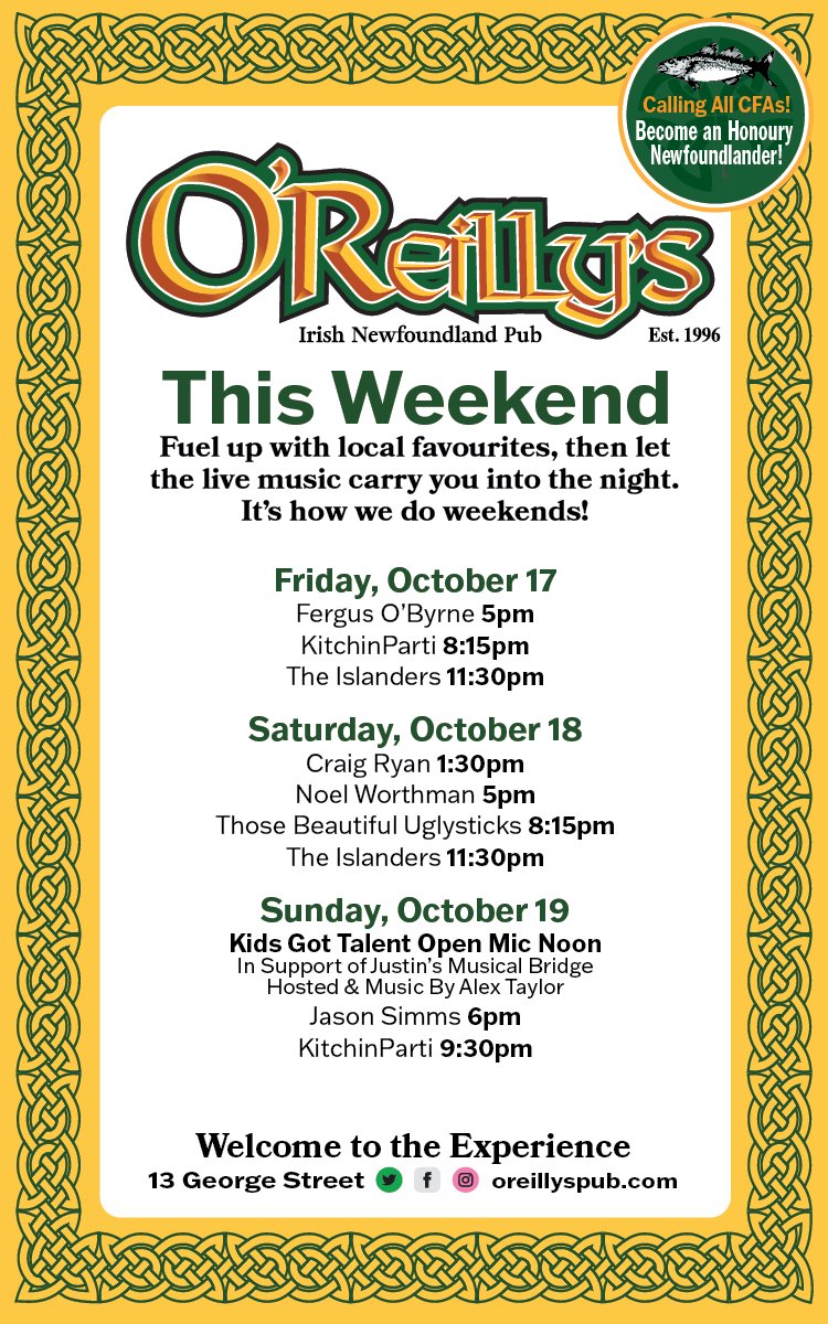 This weekend: fuel up with your favourite local eats, then let the live music carry you through the night. It’s how we do weekends at O’Reilly’s! 🍀

#LoveDowntownStJohns #GeorgeStreet #PubLife #WeekendOnGeorge #YesBy