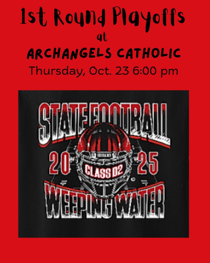 The Indians will travel to Humphrey on Thursday for a first round football game against Archangels Catholic. Start time is TBD. The store closes on Monday, Oct. 20 at 1:00 pm. No late orders will be accepted. #rolltribe weepingwaterstatefb2025.itemorder.com/shop/home/