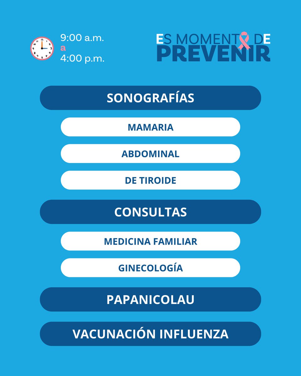 Este domingo 19 de octubre, en el marco del #DiaMundialDeLaLuchaContraElCancerDeMama, estaremos en Santo Domingo Este, en el Politécnico Félix María Ruiz, con una gran jornada médica de nuestra campaña #EsMomentoDePrevenir. 🩺💗

Desde las 9:00 a. m. hasta las 4:00 p. m.,