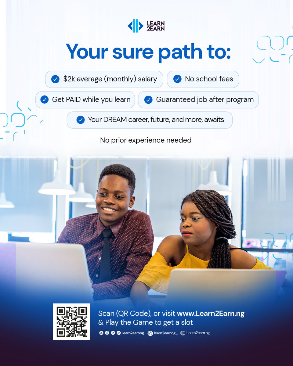 malhubng's tweet image. Earn ₦100k Monthly While Learning to Code.
What you get:
✅ ₦100k monthly for 2 years while you learn
✅ Zero tuition, no hidden costs
✅ 2-year job placement with top global firms.
✅Training in Software Engineering, Cybersecurity & more
Apply now at: learn2earn.ng