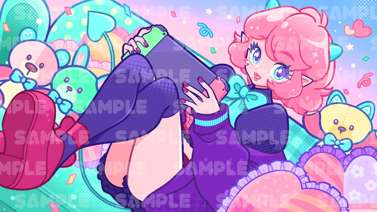 【Thank you commission! 】

Plumさんからご依頼いただきイラストを制作させていただきました！
かわいいぬいぐるみ達に囲まれながらゲーム中🎮💕
素敵なご依頼ありがとうございました！