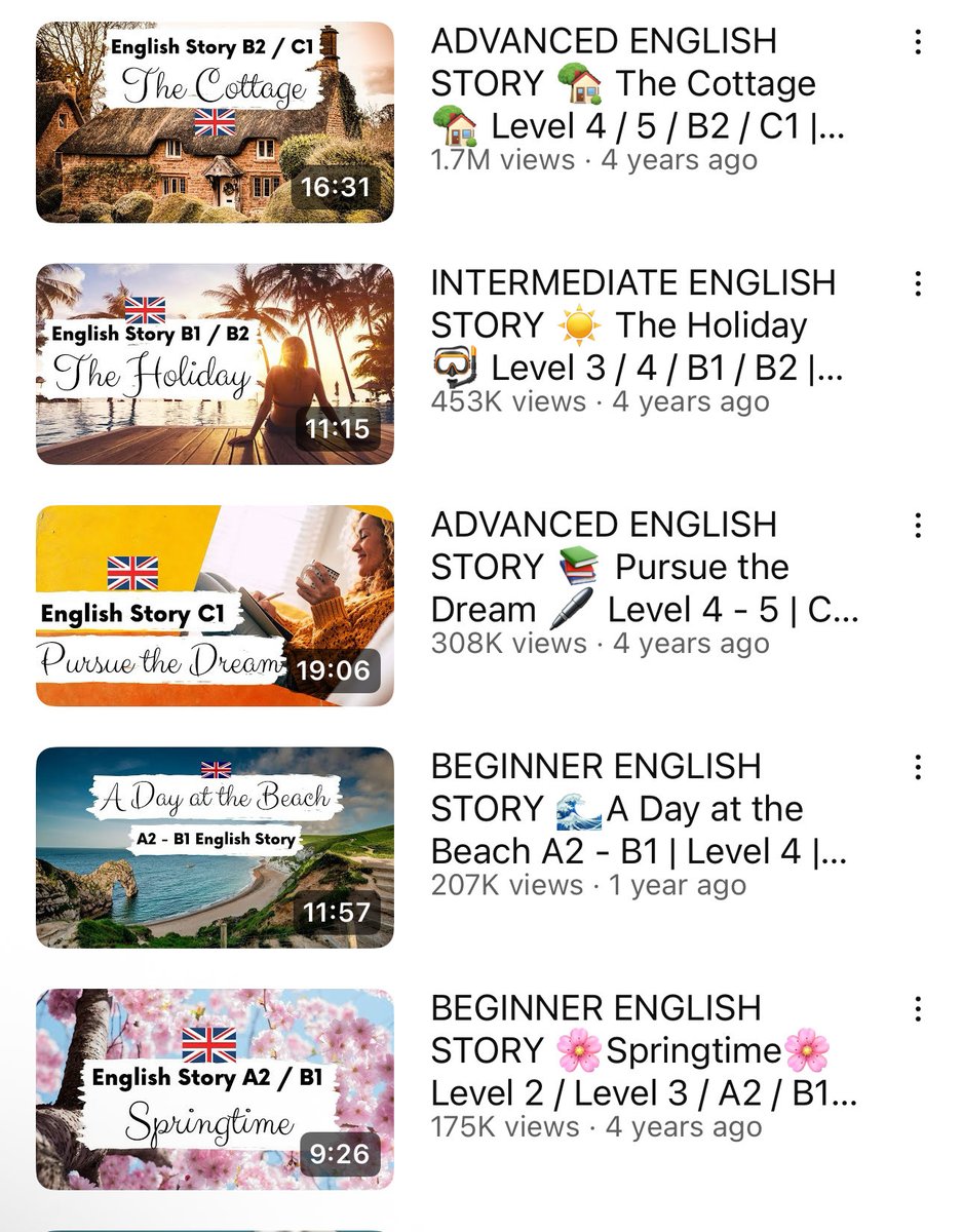 أفضل طريقة لتطوير لغتك هي الاستماع للقصص القصيرة 🎧

و هنا جمعت لك قوائم مرتبة من الأسهل إلى الأصعب (A1-B2) :

مستوى مبتدئ A1 

youtu.be/t0_x13V786g?si…

فوق المبتدئ A2

youtu.be/QbJW4-SoJmY?si…

مستوى متوسط B1

youtu.be/nZpTkCXzJPE?si…

فوق المتوسط B2

youtu.be/_ieNtCkXxCE?si…