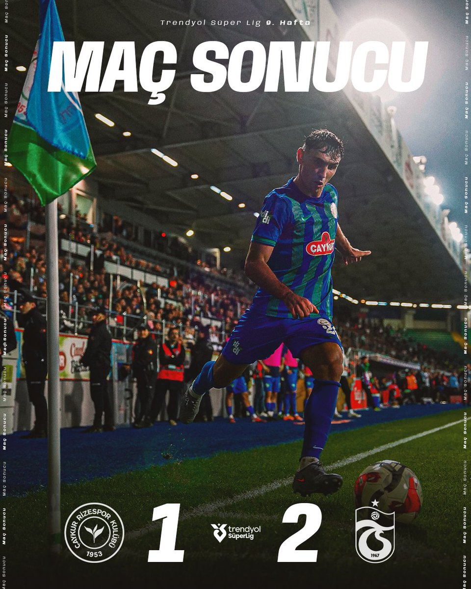 digitalkulube's tweet photo. TRABZON SON SÜRAT 🔴🔵

Trendyol Süper Lig'in 9.haftasında Trabzonspor, deplasmanda Çaykur Rizespor'u 2-1 mağlup ederek puanını 20'ye yükseltti. https://t.co/NaxQCDUy6V
