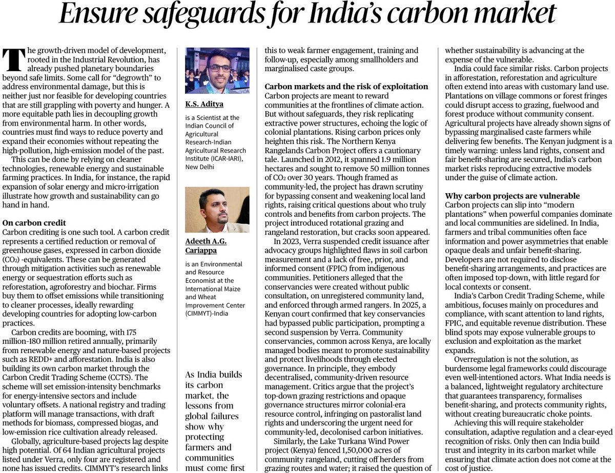 Our op-ed titled Ensure safeguards for India’s carbon market in <a href="/the_hindu/">The Hindu</a> <a href="/Aditya_rao_ks/">Aditya Rao K S</a> <a href="/CIMMYT/">CIMMYT</a> <a href="/icarindia/">Indian Council of Agricultural Research.</a> thehindu.com/opinion/op-ed/…