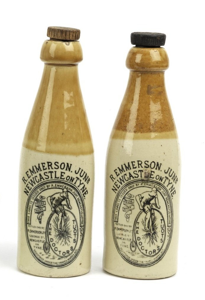 robertneuk's tweet image. In an unusual auction lot - the common link seems to be penny-farthings - are two stoneware bottles "The Doctor's Stout" for R Emmerson Jr of Newcastle upon Tyne.
His Aerated Water Manufactory was on George Street, Newcastle. He sold it to James Deuchar in 1900.
Image: Bonhams