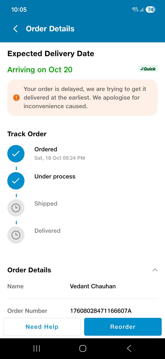Vedant63_98's tweet photo. @JioMart_Support Again placed the same product which was earlier marked as falsely delivered through quick delivery showing delivery in 10-30 minutes but latter scheduled it to 20 October what type of service are you offering such a pathetic service. https://t.co/tjUdo9BBbK