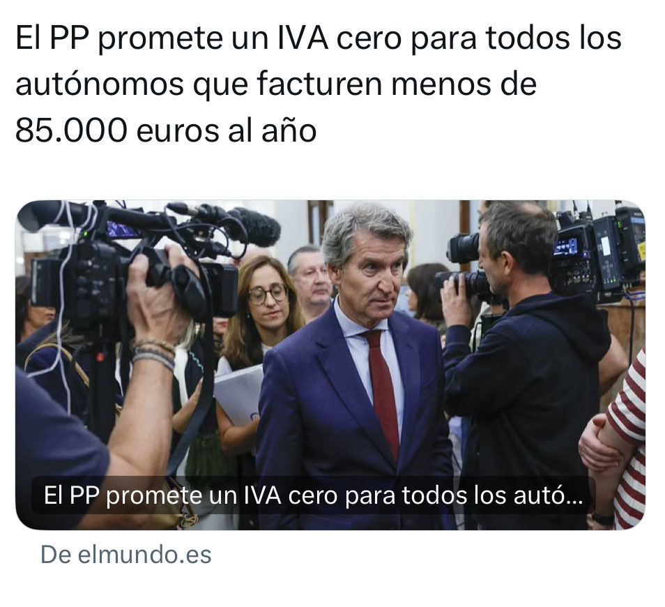 Que promete  <a href="/NunezFeijoo/">Alberto Núñez Feijóo</a> el IVA cero para los autónomos que facturen menos de 85.000 euros ¿pero el IVA no lo pagamos el cliente cuando vamos a comprar o a comer a un restaurante?