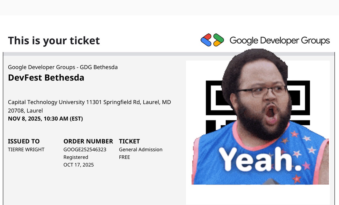 BBMPROGRAMDC's tweet image. The premier developer conference in Bethesda, where I’ll explore the latest in @Google technologies and beyond. DevFest Bethesda brings together developers, students, and tech enthusiasts for a day of learning, networking, and building.
#GDG @googledevgroups