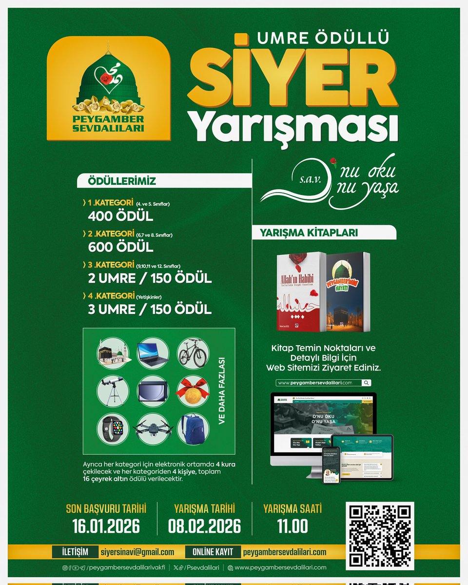 📖✨ Umre Ödüllü Siyer Yarışmamız Başlıyor! 🌙

Peygamber Sevdalıları Vakfı olarak, Sevgili Peygamberimizi (sav) tanımak, O’nun hayatını okumak ve yaşamak için “Onu Oku, Onu Yaşa” temalı Siyer Yarışmamızı başlatıyoruz!

🕋 Bu yarışma, sadece bilgiyle değil; imanla, sevgiyle ve