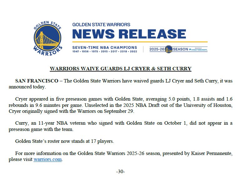 The Warriors, as expected, have waived Seth Curry with the intention of re-signing next month when they have sufficient financial flexibility to bring him back. 