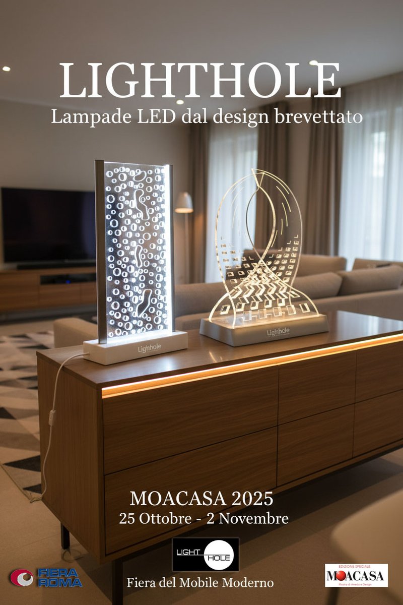 lightholelamps's tweet photo. 💡 Lighthole torna a #MOACASA2025!
Design brevettato, luce innovativa e 50 anni di storia del mobile italiano.
 📍Fiera di Roma – 25 ott / 2 nov
#Lighthole #MOACASA50 #Design https://t.co/fPV8hkVNAx