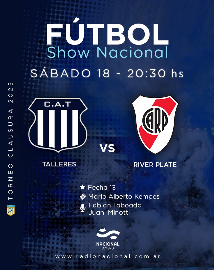 #FútbolShowNacional | ¡Partidazo en Córdoba y lo vas a vivir por <a href="/NacionalAM870/">Radio Nacional AM 870</a> !⚽ 

Desde las 21 hs, transmitimos #Talleres vs #River  en #AM870 📻

Relata <a href="/EladioArregui/">Eladio Arregui</a>  comenta <a href="/JIMinotti/">Juan Ignacio Minotti</a> 
Vestuarios <a href="/sebaleanza/">Seba Leanza</a>  y <a href="/soykoli/">koli</a> 
   
 📻AM870
#TuRadio