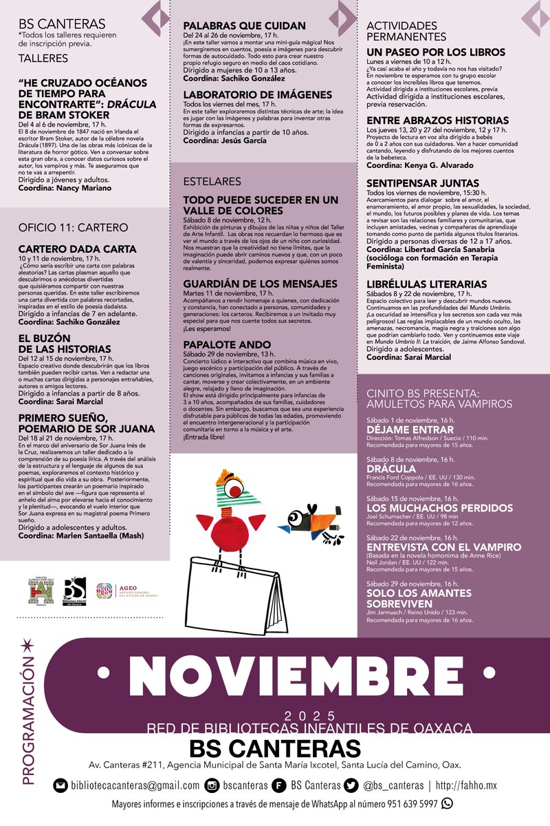 ¡Ya están listas nuestras actividades de #NOVIEMBRE en la #BScanteras! Les compartimos nuestra cartelera a continuación. Recuerden que los talleres requieren inscripción.

Informes a través de WhatsApp: 951 639 5997

#RedBS #BibliotecaInfantilBS
<a href="/FundacionAHHO/">Fundación Alfredo Harp Helú Oaxaca</a> #FAHHporMéxico