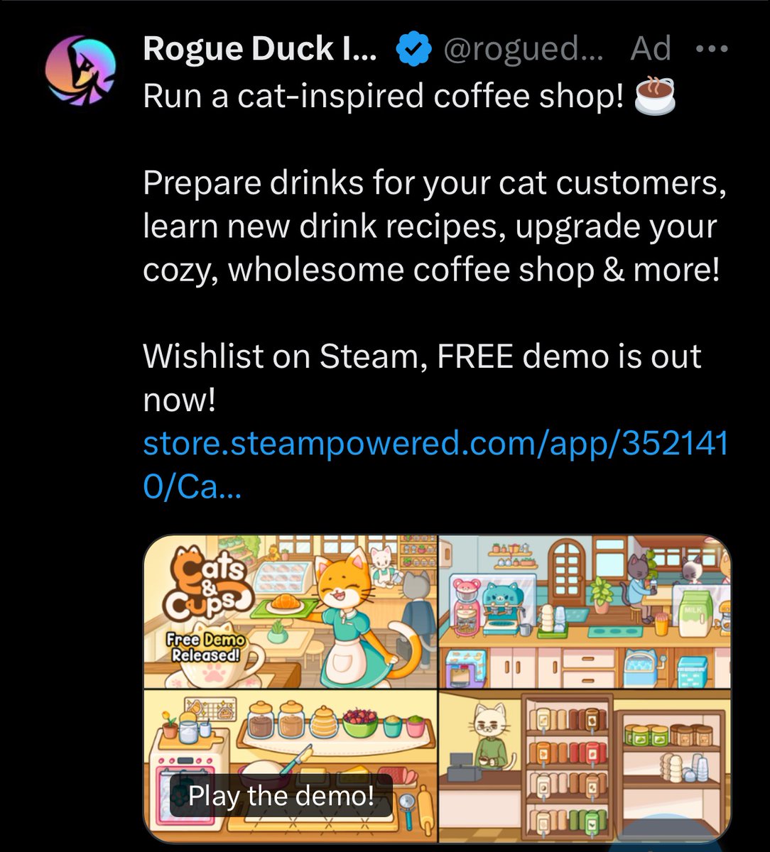 Did X finally crack advertising? I swear this is the first ad that has ever been remotely appealing to me here. 

After years of repellant crypto scam ads, suddenly it’s perfectly targeted?!

Because yes, I *would* like to run a cat-inspired coffee shop 🤣