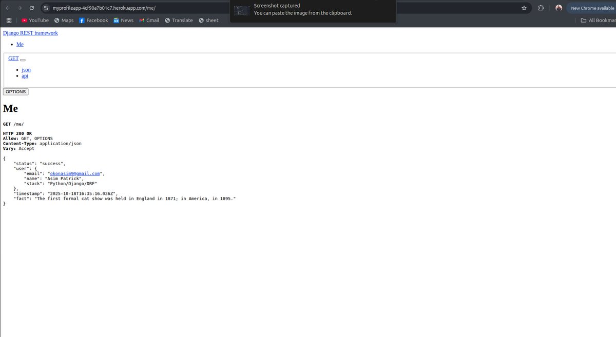 Patoasim's tweet image. In my learning journey, I just completed Stage 0 of the @hnginternship Backend Track!

Built a simple Django REST API that returns my profile info + a random cat fact using Python and Requests.

Deployed on Heroku 👉 …profileapp-4cf90a7b01c7.herokuapp.com/me/

#HNG13 #Django #Python #BackendDev
