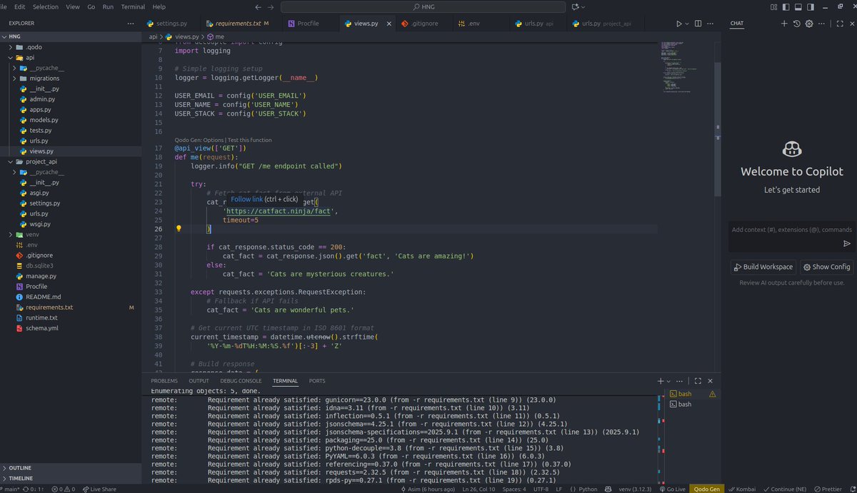 Patoasim's tweet image. In my learning journey, I just completed Stage 0 of the @hnginternship Backend Track!

Built a simple Django REST API that returns my profile info + a random cat fact using Python and Requests.

Deployed on Heroku 👉 …profileapp-4cf90a7b01c7.herokuapp.com/me/

#HNG13 #Django #Python #BackendDev
