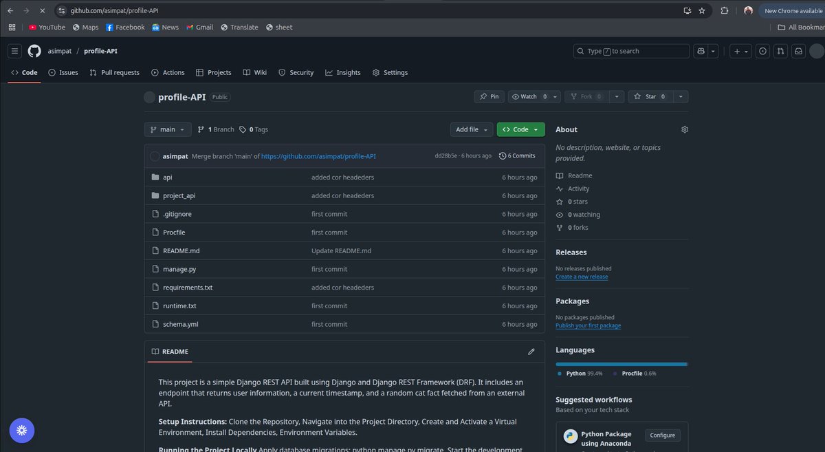 Patoasim's tweet image. In my learning journey, I just completed Stage 0 of the @hnginternship Backend Track!

Built a simple Django REST API that returns my profile info + a random cat fact using Python and Requests.

Deployed on Heroku 👉 …profileapp-4cf90a7b01c7.herokuapp.com/me/

#HNG13 #Django #Python #BackendDev