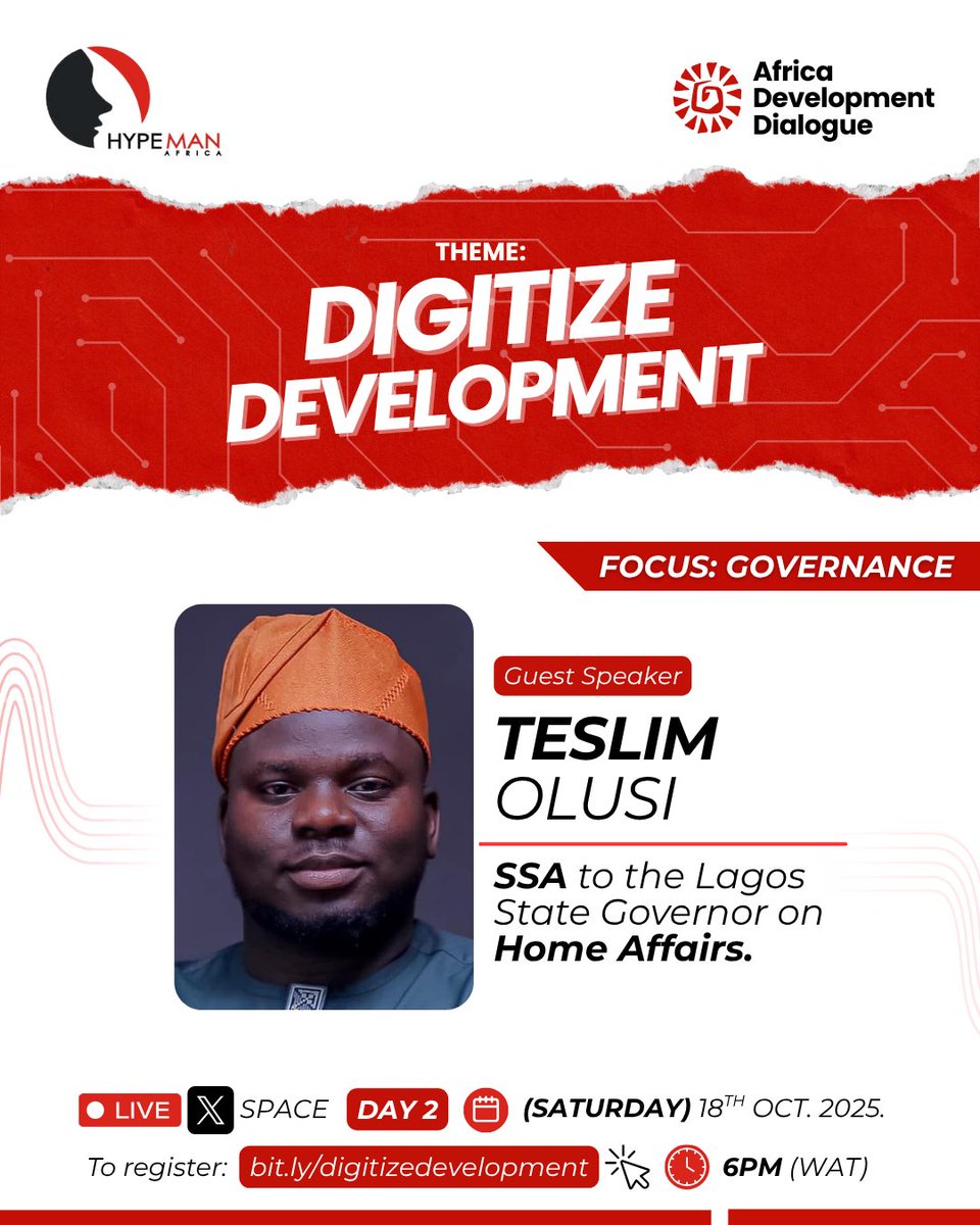 Meet one of our Guest Speaker for Day 2 🚀

• <a href="/TeslimOOlusi/">THE OMOLUABI EKO 👑🌟</a>
SSA to the Lagos State Governor on Home Affairs.

Hurry now and register:
👇🏽👇🏽👇🏽
bit.ly/digitizedevelo…