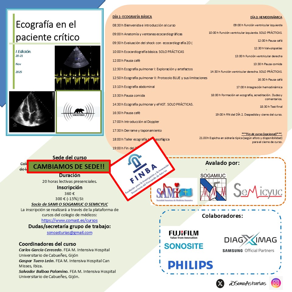 SonoAsturias's tweet photo. Repetimos noticias frescas llegadas hace muy pocos días! Cambiamos de sede a @FINBAsturias en Oviedo! Nuevas instalaciones con una dotación más interesante! Apuntaos pronto que esto se acaba! @semicyuc @SOGAMIUC @AstMedIntensiva https://t.co/Yr5F7XzY86