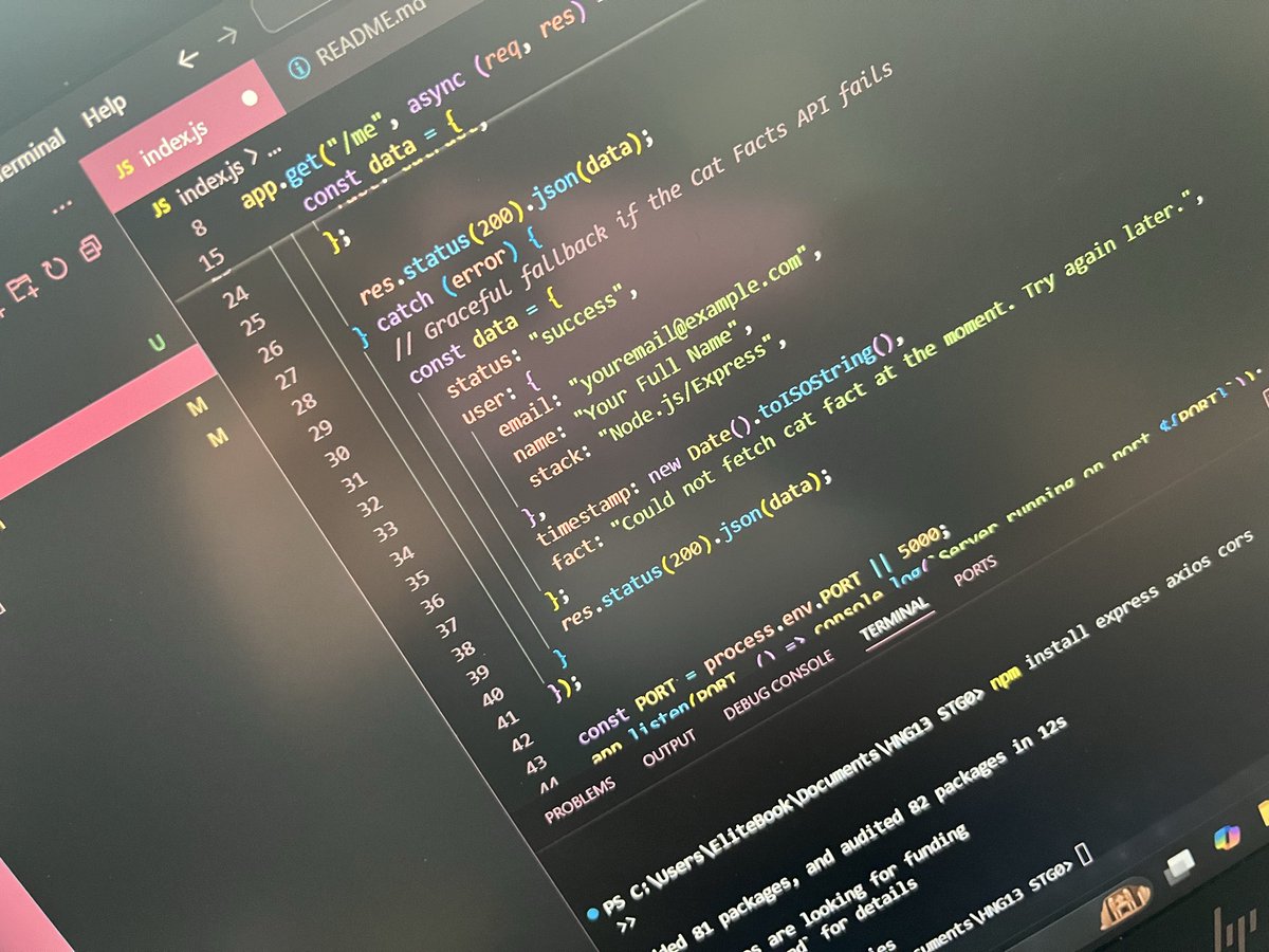 Tofunmithedev's tweet image. Just completed my Stage 0 Backend Task for the HNG13 Internship!
Built a RESTful API endpoint that returns my profile info and a random cat fact using Node.js + Express, with deployment handled on AWS Elastic Beanstalk