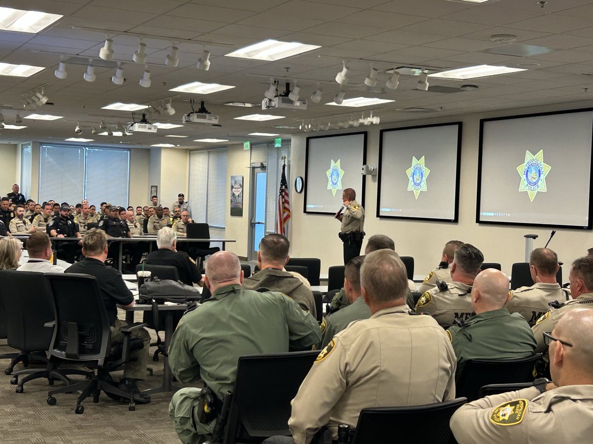 LVMPD's tweet image. .@Sheriff_LVMPD briefing officers getting ready to go out to keep the community safe during today’s scheduled protests.