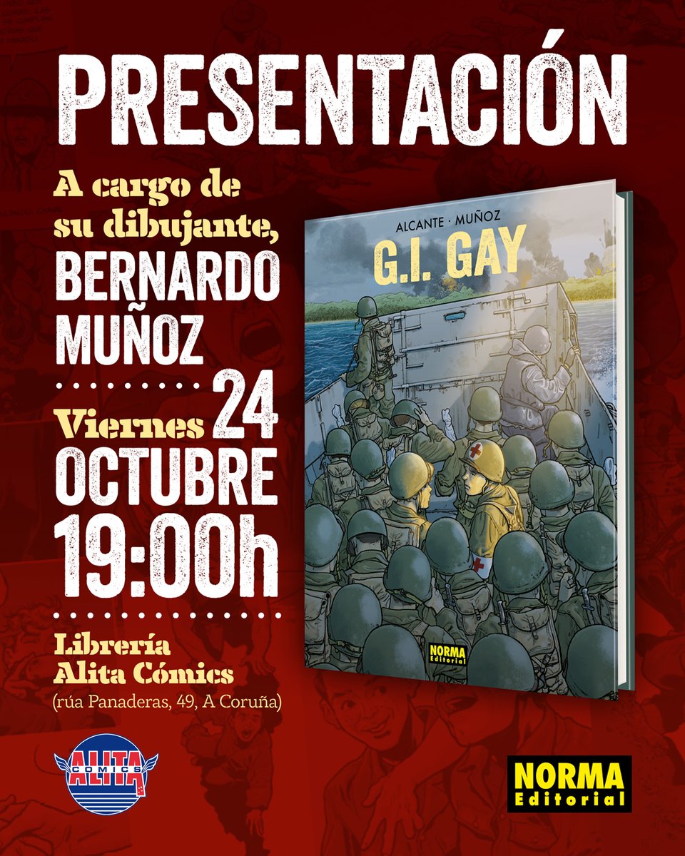 La próxima semana tendremos el placer de contar con una presentación de Bernardo Muñoz, dibujante del cómic "G. I. Gay", publicado por <a href="/NormaEditorial/">Norma Editorial</a>

📆 Viernes 24 de octubre, a las 19:00h.

📍Alita Cómics, Panaderas, 49

Os esperamos!