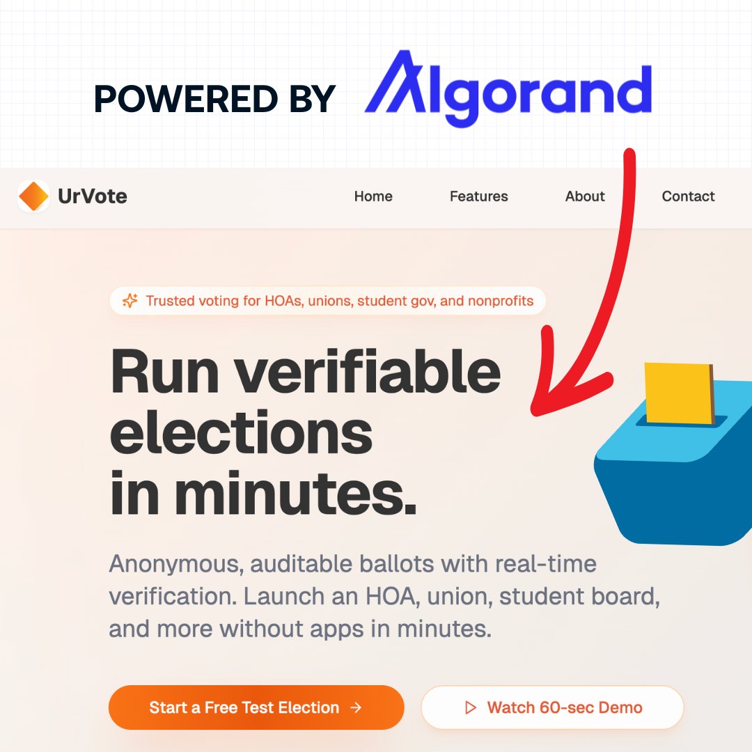 algerstmehn's tweet image. Just found another really cool project built on Algorand!

It&apos;s @UrVote_, a Canadian project enabling verifiable on-chain voting and elections! 🗳️

Already live (beta), and it looks awesome!

Let&apos;s give them a follow! It&apos;s important to support every $ALGO builder! 🫡