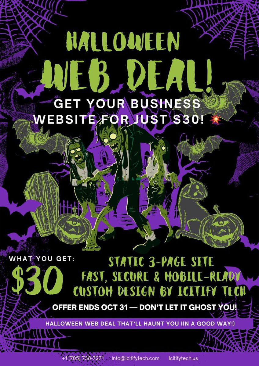 icitifytech's tweet photo. 🎃👻 Halloween just got sweeter! 👻🎃
Get your professional business website for only $30 — no tricks, just treats from ICITIFY TECH! 💻✨

Hurry, this spooktacular offer disappears October 31st! 🕛

#HalloweenDeal #IcitifyTech #WebDesignPromo #SmallBusiness #WebsiteDesign https://t.co/KFFYkCIHge