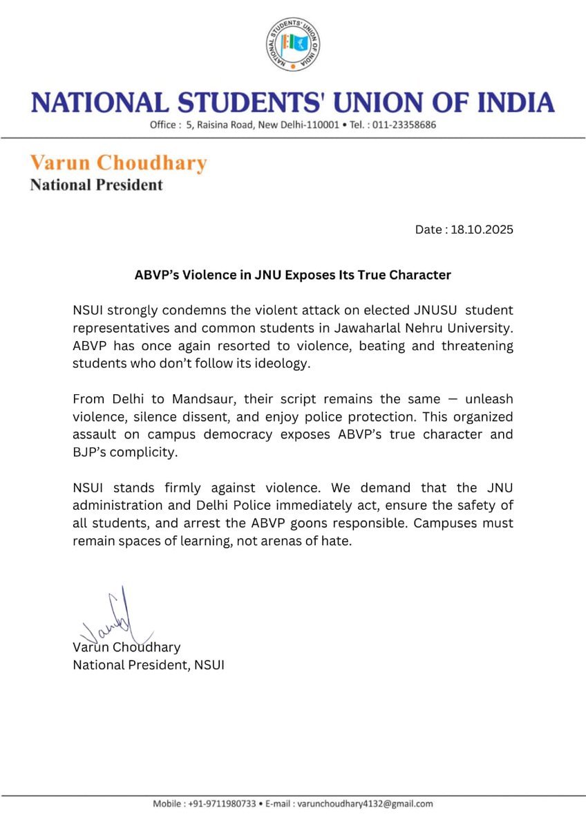 ABVP's Violence in JNU Exposes Its True Character.

Statement by NSUI National President Shri <a href="/varunchoudhary2/">Varun Choudhary</a> Ji