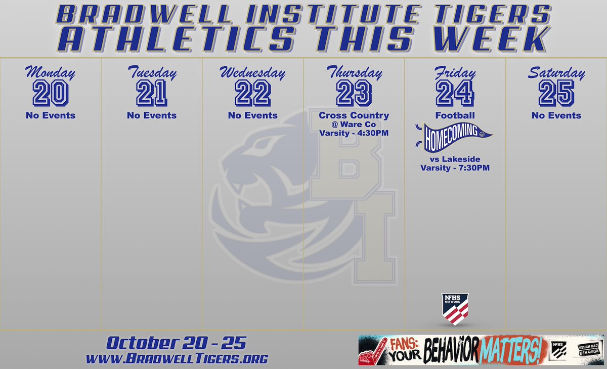 Tigers Athletics this week!! Come out and support your Tigers!!! #BIUKnow
Tickets at gofan.co/app/school/GA2…
Watch live at nfhsnetwork.com/schools/bradwe…