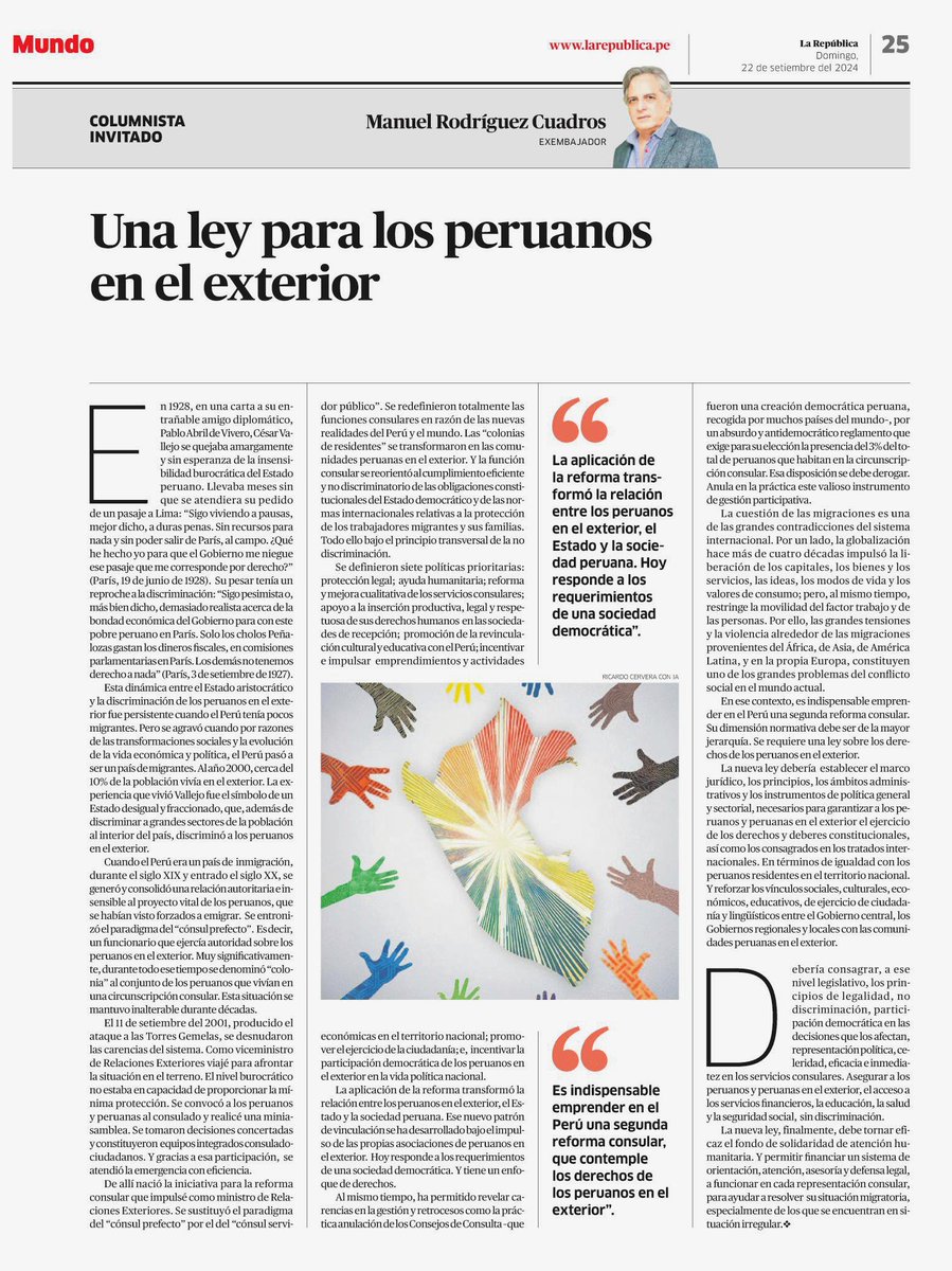 ¡En el día de los peruanos y peruanas en el exterior, mi fraterno saludo: comparto mi artículo en pro de una ley que reconozca y promueva sus derechos!

UNA LEY PARA LOS PERUANOS EN EL EXTERIOR 
Por Manuel Rodríguez Cuadros.

En 1928, en una carta a su entrañable amigo