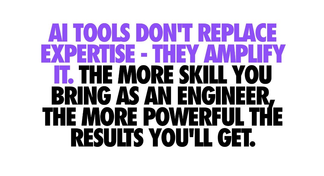 addyosmani's tweet image. AI Tools don't replace expertise - they amplify it.
Think of AI as a power-tool in the hands of a craftsman: it doesn't make you the craftsman, but it magnifies what you can do when you already know your trade. This elevates your use of Cursor, Claude Code, Gemini CLI and…